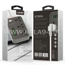 رابط برق و شارژر LDNIO SC3604 / دارای 3 پورت برق چند کاره و دارای 6 پورت USB سوکت سبز / کابل 2 متر بسیار ضخیم و مقاوم / 10A (Max) / 250V / 2500W / 5V 3.4A (Auto MAX) 17W / کیفیت عالی